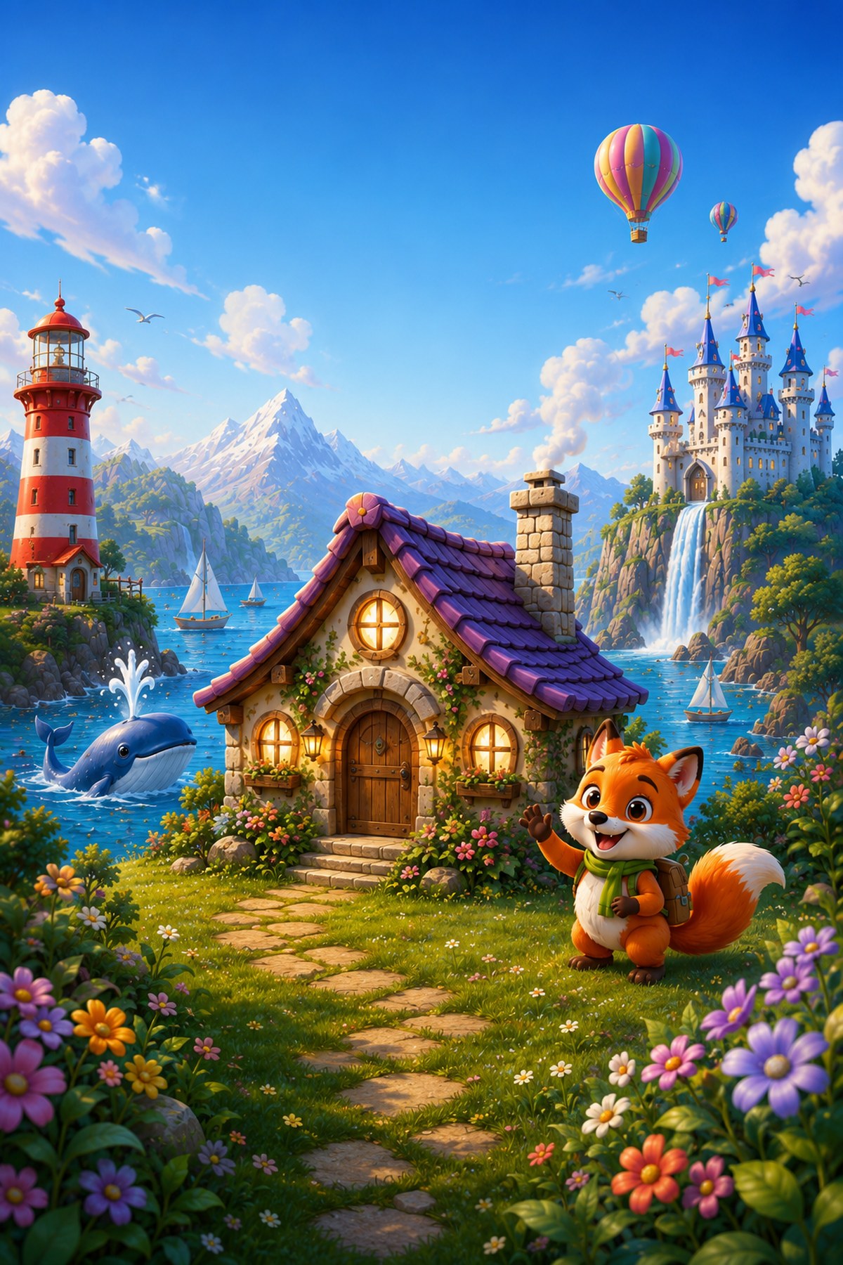 Il mondo illustrato di Viandia con casa fiabesca, volpe, mare, faro e castello
